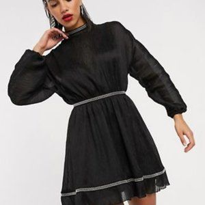 ASOS Design textured chiffon skater mini dress w/ metallic trim detail
